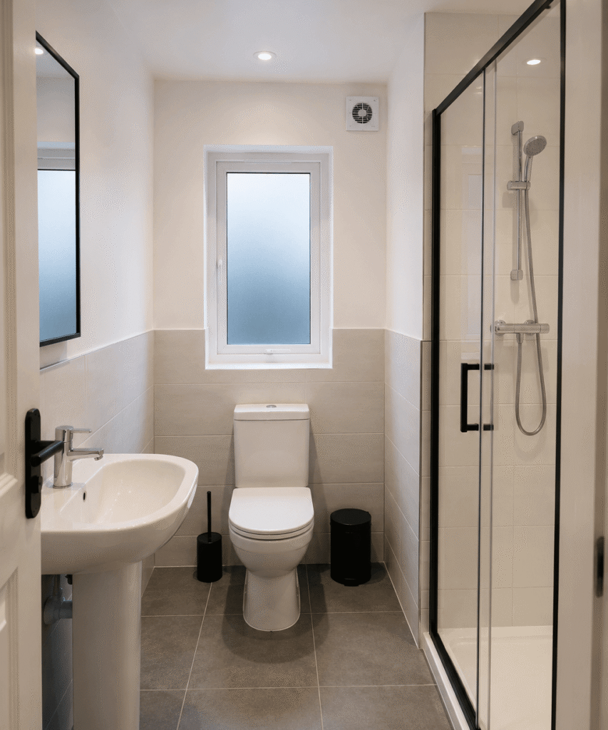 Modern HMO bathroom featuring a ventilation extract valve for compliant airflow.